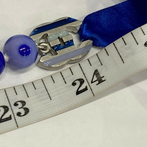 Chanel 05P Spotted Glass Bead Long Silk Ribbon Blue Necklace Logo - Picture 10 of 10